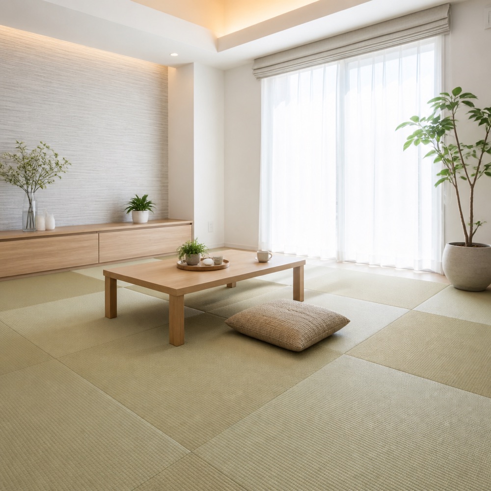 縁なし畳を敷いた、明るい現代的な和室
